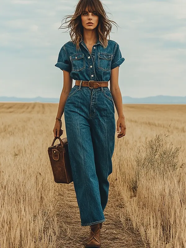 Women's Vintage Denim Elegance Cropped Pants Wide Leg Jumpsuit - Sunshinetip.com 