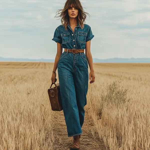 Women's Vintage Denim Elegance Cropped Pants Wide Leg Jumpsuit - Ootdyouth.com 