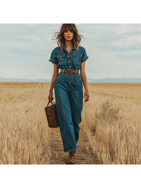Women's Vintage Denim Elegance Cropped Pants Wide Leg Jumpsuit - Localziv.com 