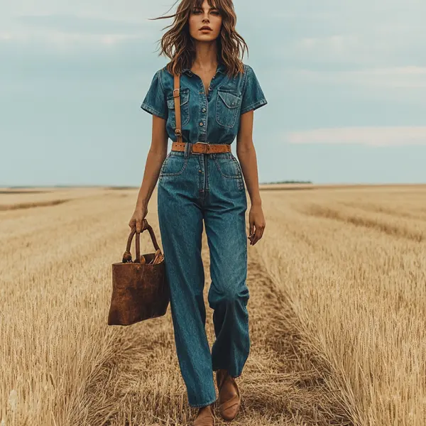 Women's Rustic Denim Elegance Casual Jumpsuit - Spiretime.com 