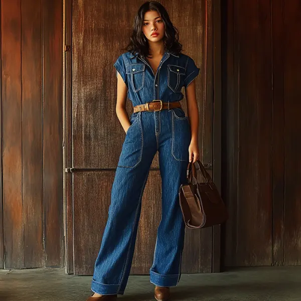 Women's Vintage Pocket Denim Jumpsuit - Ootdyouth.com 