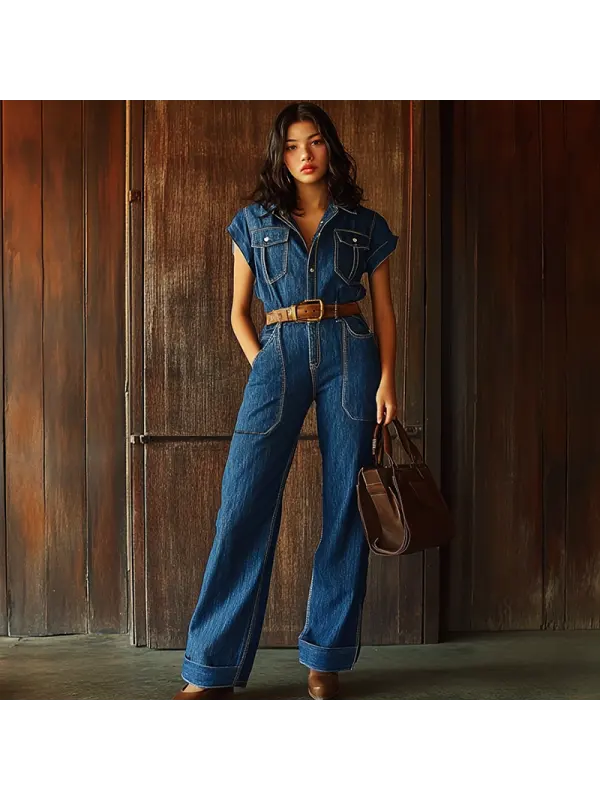 Women's Vintage Pocket Denim Jumpsuit - Localziv.com 