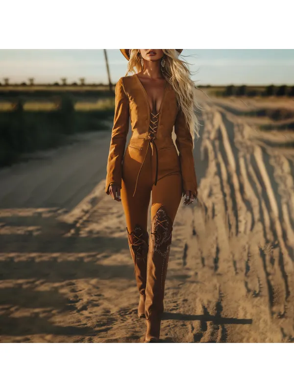 Retro And Trendy Western Style Front Tie Design Suede Long Sleeve Jumpsuit - Localziv.com 