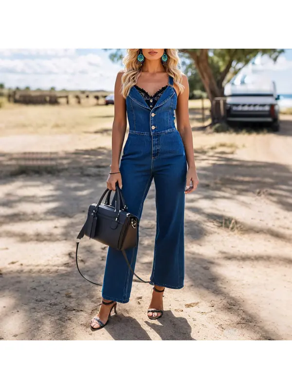Retro Casual Fashionable Blue Denim Suspenders Wide-Leg Jumpsuit - Geocici.com 