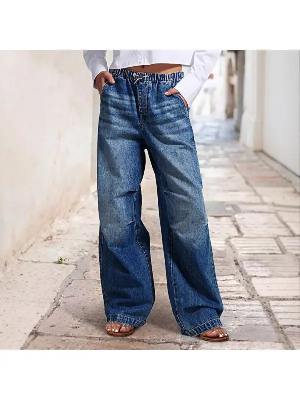 Vintage Mid-rise Wide Leg Drawstring Loose Jeans - Cominbuy.com 