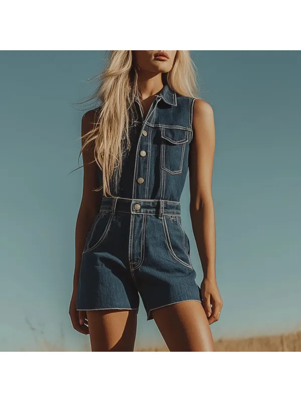 Personalized Denim Lapel Sleeveless Shorts Jumpsuit - Geocici.com 
