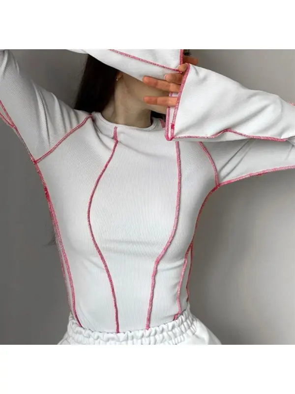 Round Neck Trumpet Sleeve Ribbed Top - Cominbuy.com 
