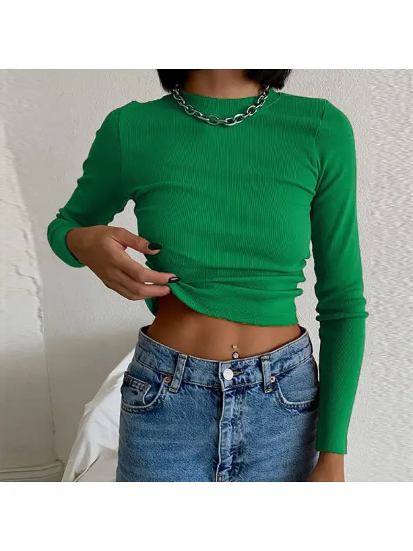 Ribbed Crew Neck Solid Color T-shirt - Cominbuy.com 
