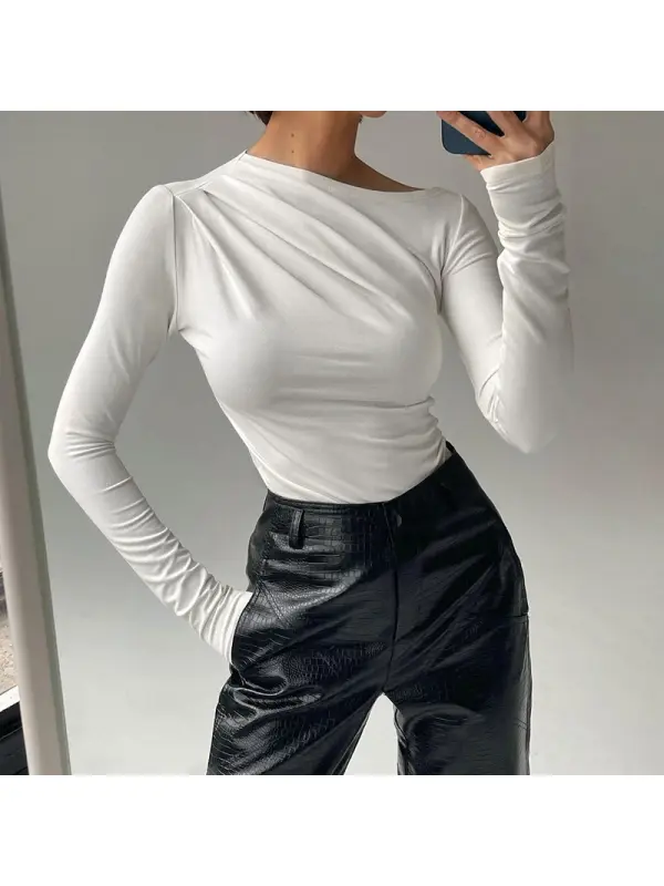 Solid Color All-match Round Neck Pleated Long Sleeve Top - Cominbuy.com 