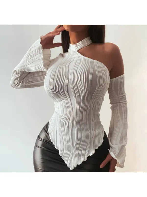 Women's Texture Stripe Sexy Long Sleeve Slant Collar Halter T-shirt - Cominbuy.com 