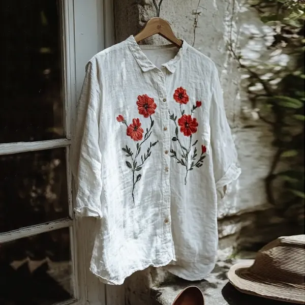 Vintage Floral Embroidery Art Lapel Button Loose Blouse - Anurvogel.com 