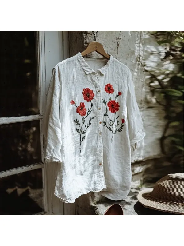 Vintage Floral Embroidery Art Lapel Button Loose Blouse - Anrider.com 