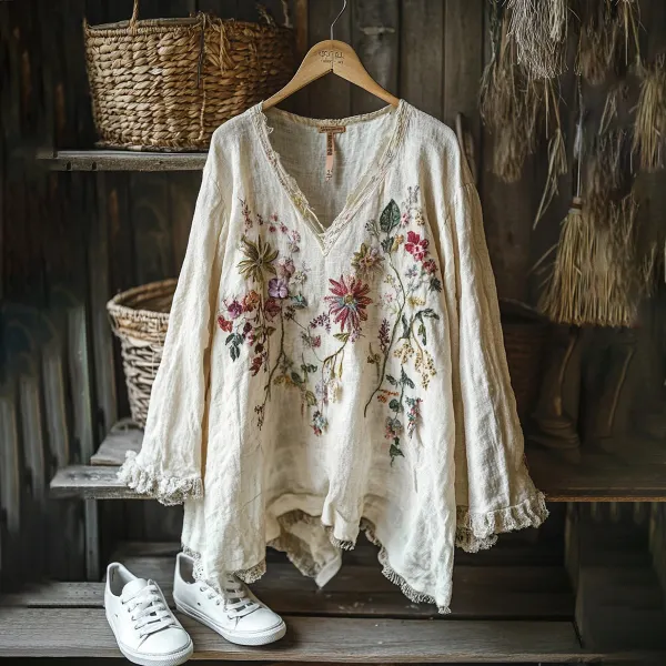 Vintage Floral Art Graphics Linen Blend V-neck Shirt - Anurvogel.com 