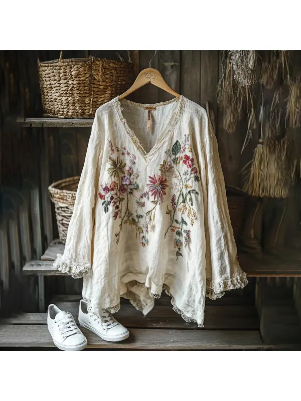 Vintage Floral Art Graphics Linen Blend V-neck Shirt - Anrider.com 