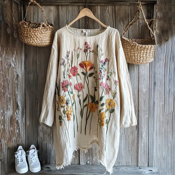 Retro Floral Embroidery Art Graphics Linen Blend Tunic - Anurvogel.com 