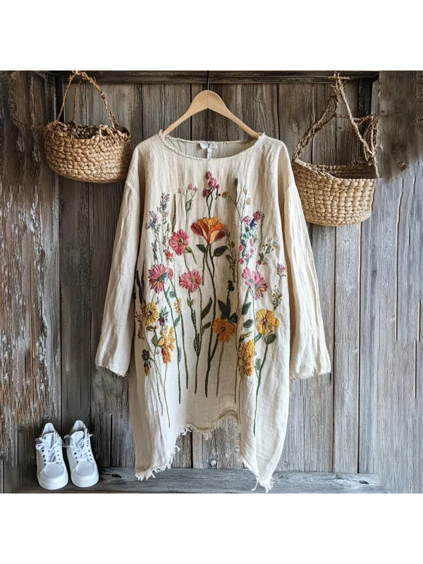 Retro Floral Embroidery Art Graphics Linen Blend Tunic - Cominbuy.com 