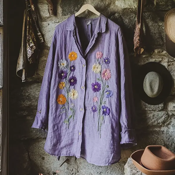 Retro Bohemian Holiday Style Linen Floral Print Long Sleeve Shirt - Anurvogel.com 