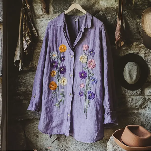 Retro Bohemian Holiday Style Linen Floral Print Long Sleeve Shirt - Spiretime.com 
