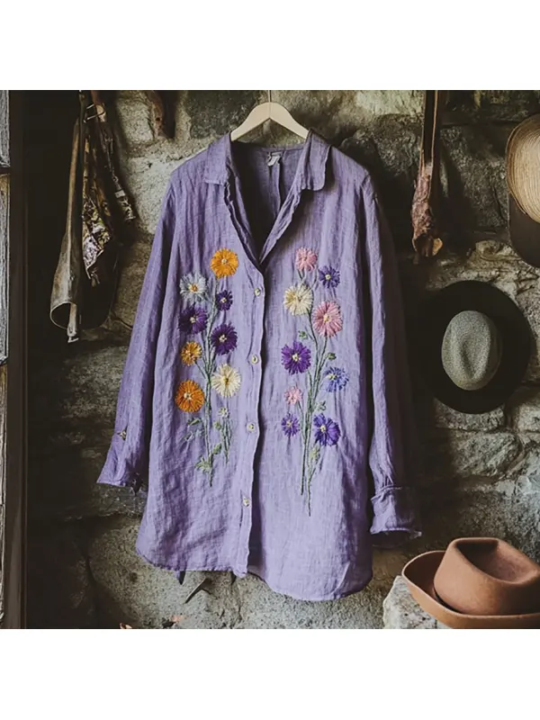 Retro Bohemian Holiday Style Linen Floral Print Long Sleeve Shirt - Cominbuy.com 