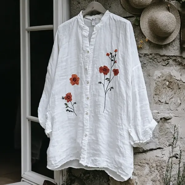 Vintage Floral Embroidery Art Button Cotton Linen Blend Loose Blouse - Anurvogel.com 