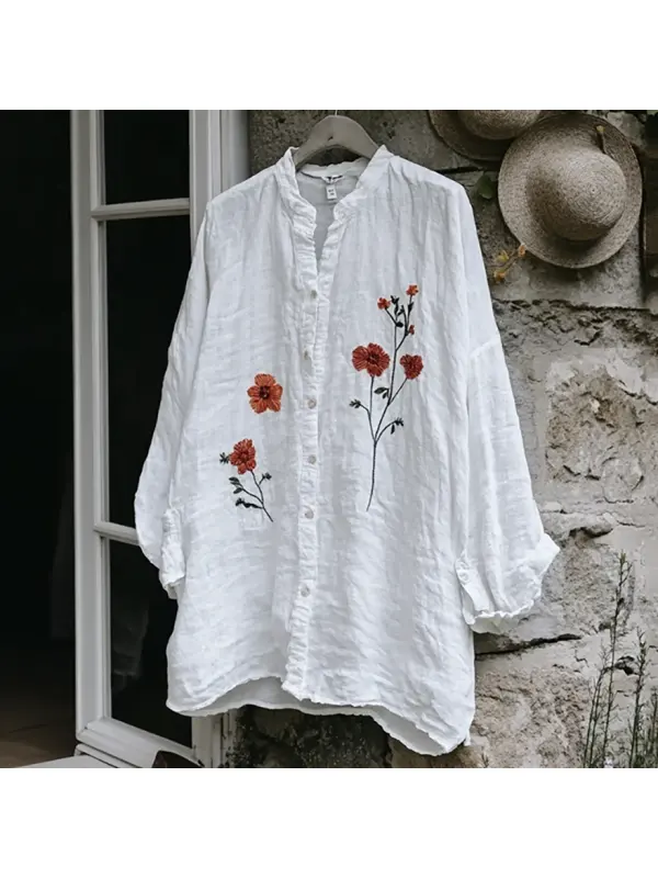 Vintage Floral Embroidery Art Button Cotton Linen Blend Loose Blouse - Anrider.com 