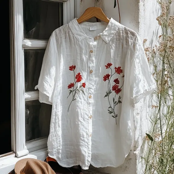 Vintage Floral Embroidery Art Lapel Loose Blouse - Anurvogel.com 