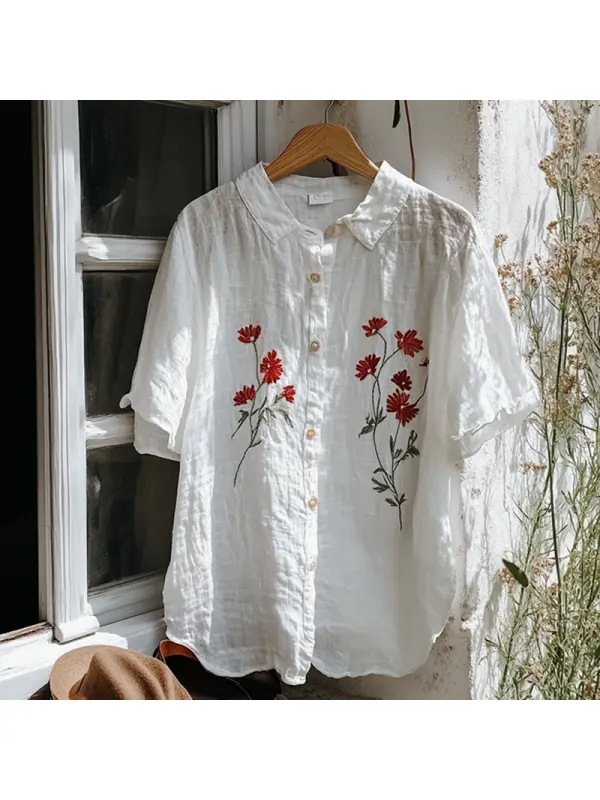 Vintage Floral Embroidery Art Lapel Loose Blouse - Anrider.com 