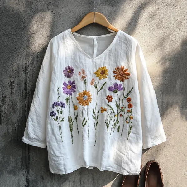 Boho Floral Embroidery Print Cotton And Linen Blend Loose Blouse - Anurvogel.com 
