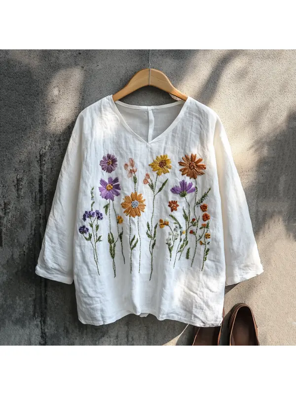 Boho Floral Embroidery Print Cotton And Linen Blend Loose Blouse - Cominbuy.com 