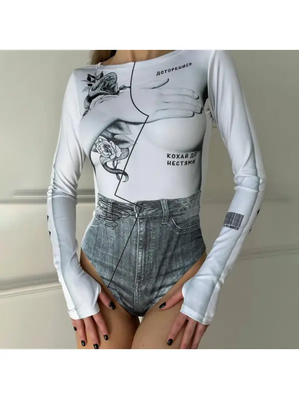 Round Neck Long Sleeve Fashion Print Slim Bodysuit - Cominbuy.com 