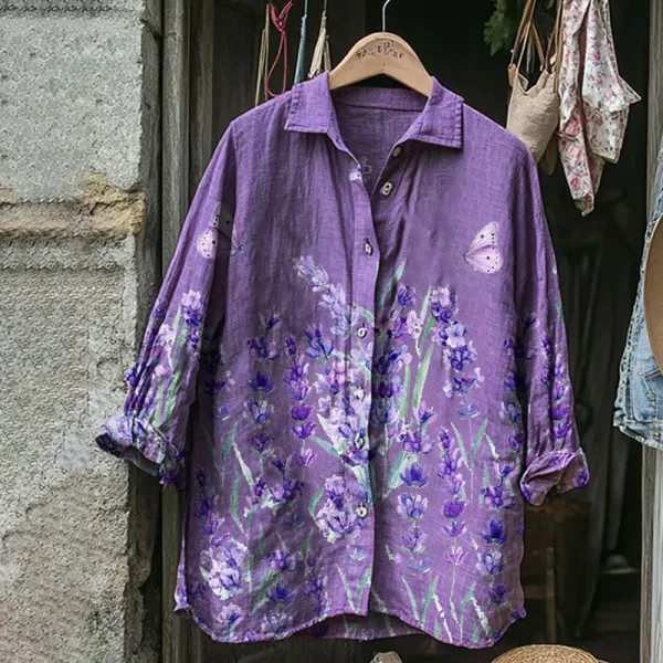 Vintage Bohemian Holiday Style Linen Floral Print Long Sleeve Shirt - Anurvogel.com 