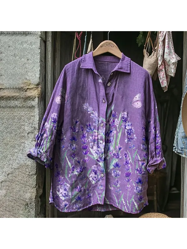 Vintage Bohemian Holiday Style Linen Floral Print Long Sleeve Shirt - Anrider.com 