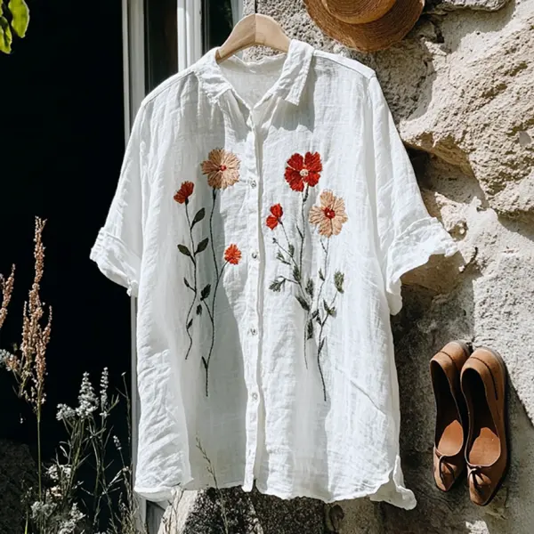 Vintage Floral Embroidery Art Lapel Linen Blend Loose Blouse - Anurvogel.com 