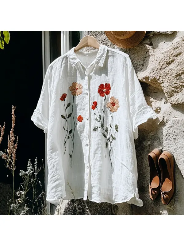 Vintage Floral Embroidery Art Lapel Linen Blend Loose Blouse - Anrider.com 