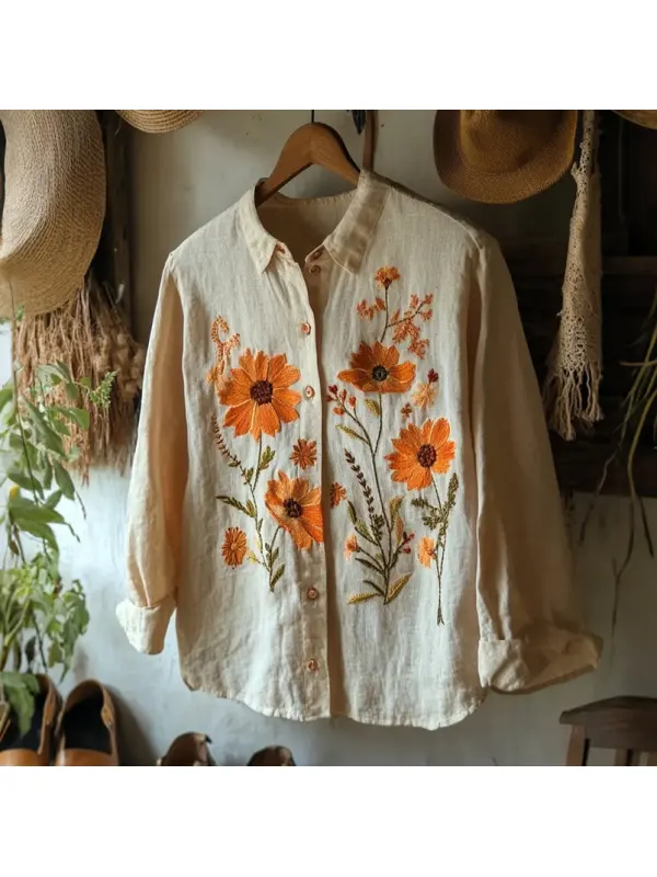 Vintage Floral Art Button Down Casual Blouse - Anrider.com 
