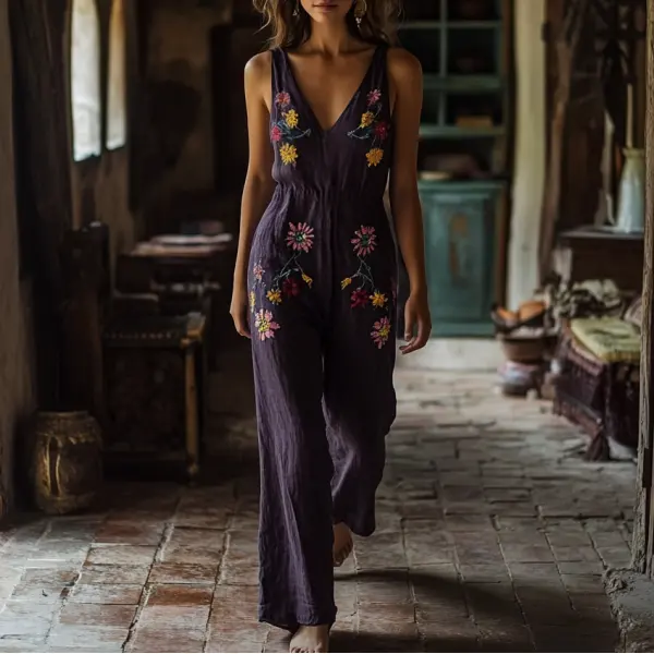 Vintage Floral Pattern Art Linen Blend Loose Casual Jumpsuit - Spiretime.com 