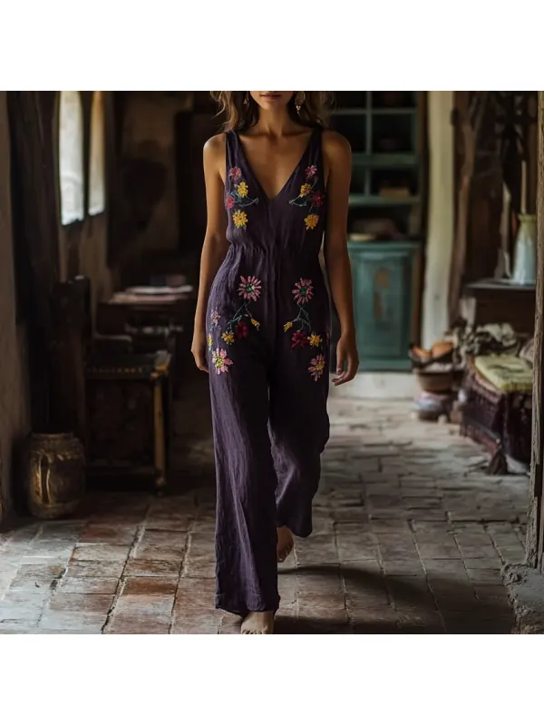 Vintage Floral Pattern Art Linen Blend Loose Casual Jumpsuit - Realyiyi.com 