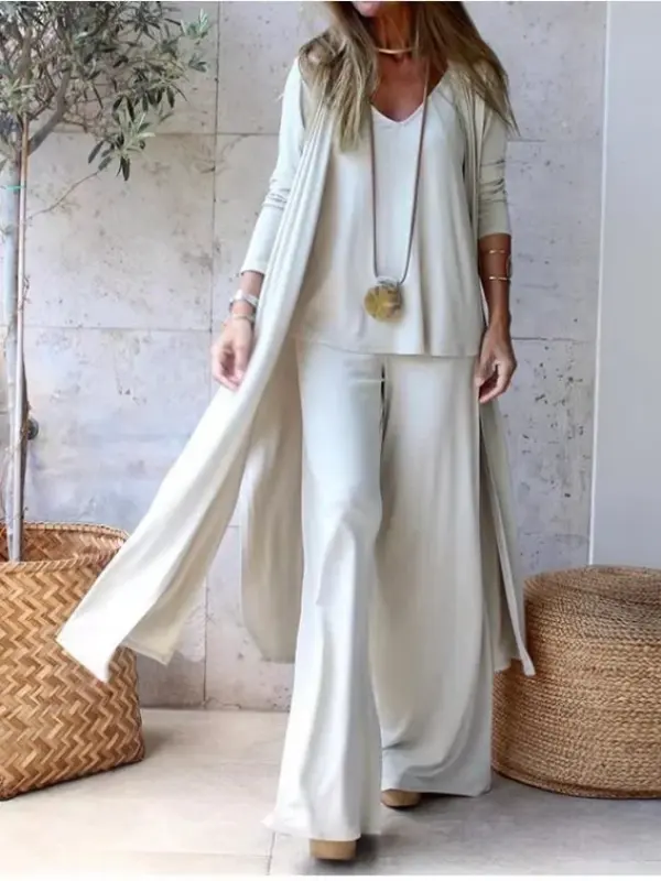 Women's Loose Three-Piece Set V-neck Strap Straight-Leg Trousers Long Plus Size Cardigan - Cominbuy.com 