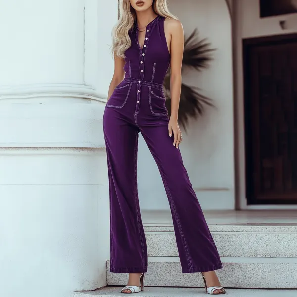 Mysterious Vintage Purple Denim Sleeveless Wide Leg Jumpsuit - Anurvogel.com 