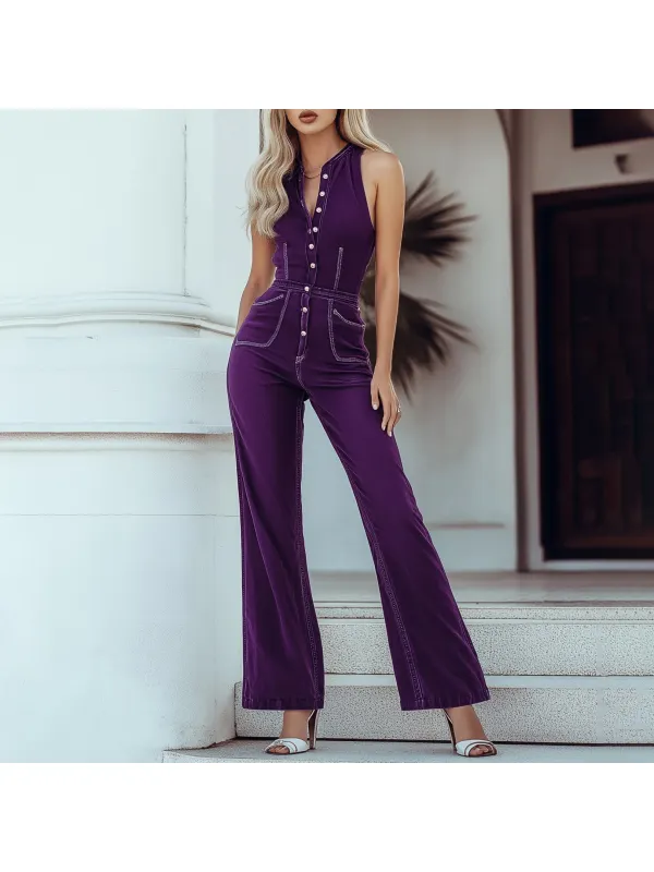 Mysterious Vintage Purple Denim Sleeveless Wide Leg Jumpsuit - Anrider.com 