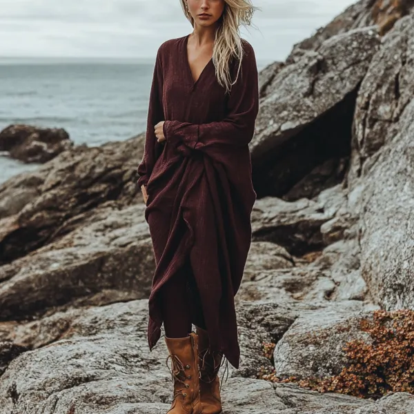 Bohemian Irregular Hem Pile Collar Linen Dress - Anurvogel.com 