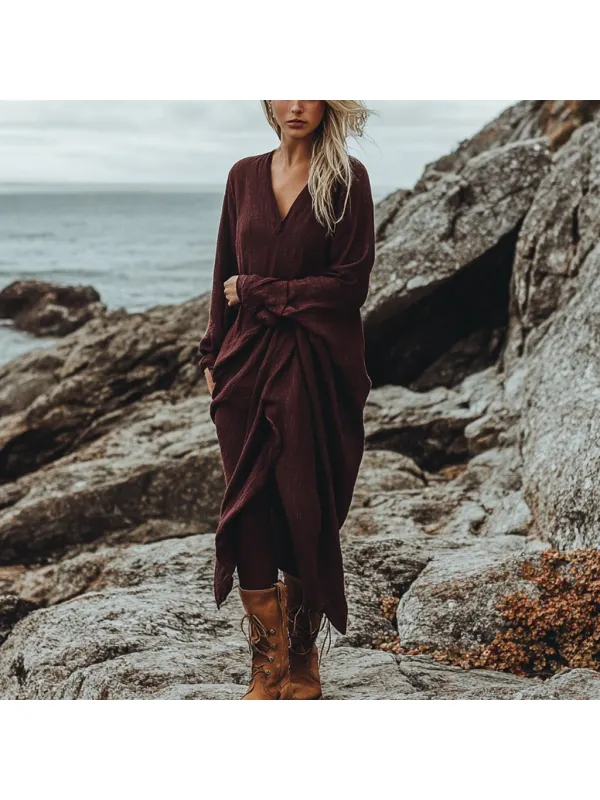 Bohemian Irregular Hem Pile Collar Linen Dress - Cominbuy.com 