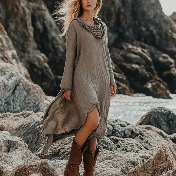 Bohemian Irregular Hem Pile Collar Linen Dress - Anurvogel.com 