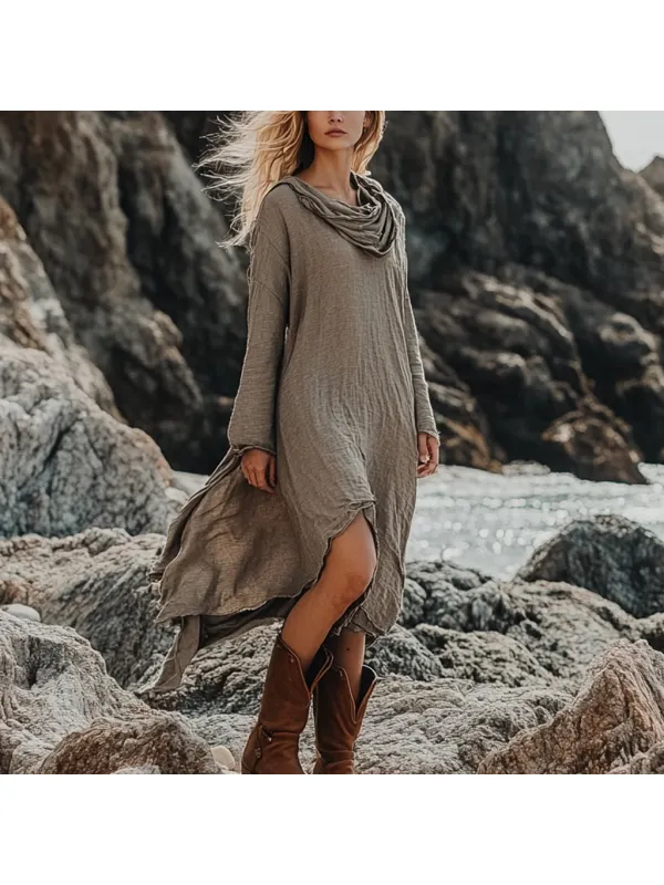 Bohemian Irregular Hem Pile Collar Linen Dress - Cominbuy.com 