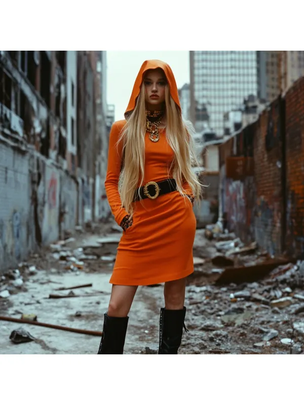 Wasteland Style Solid Color Doomsday Ruins Hooded Dress - Cominbuy.com 