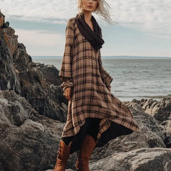 Bohemian Irregular Hem Pile Collar Linen Dress - Anurvogel.com 