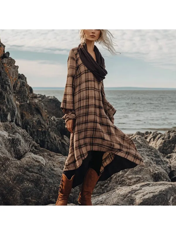 Bohemian Irregular Hem Pile Collar Linen Dress - Ootdmw.com 