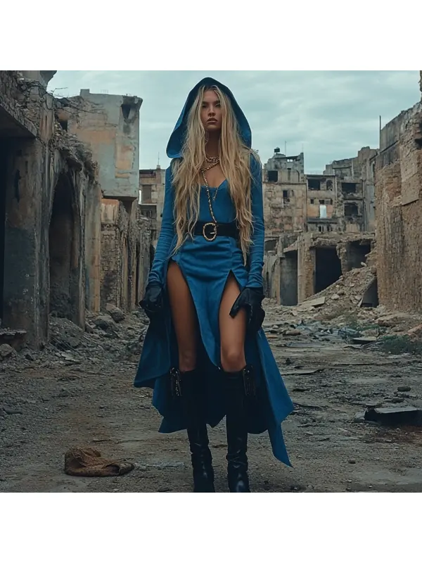 Wasteland Style Solid Color Doomsday Ruins Hooded Dress - Cominbuy.com 