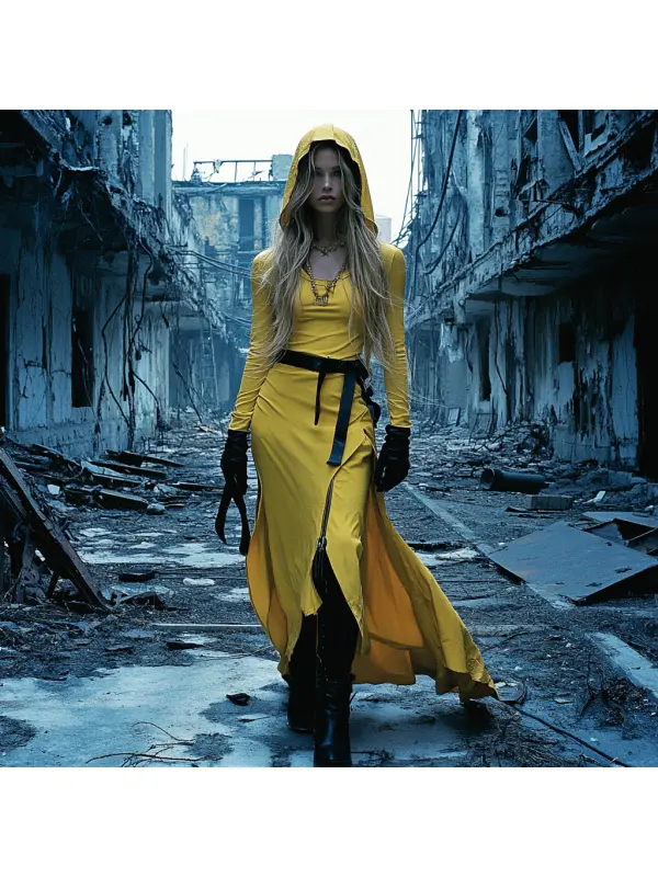 Wasteland Style Solid Color Doomsday Ruins Hooded Dress - Cominbuy.com 