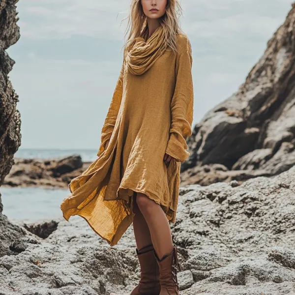 Bohemian Irregular Hem Pile Collar Linen Dress - Anurvogel.com 